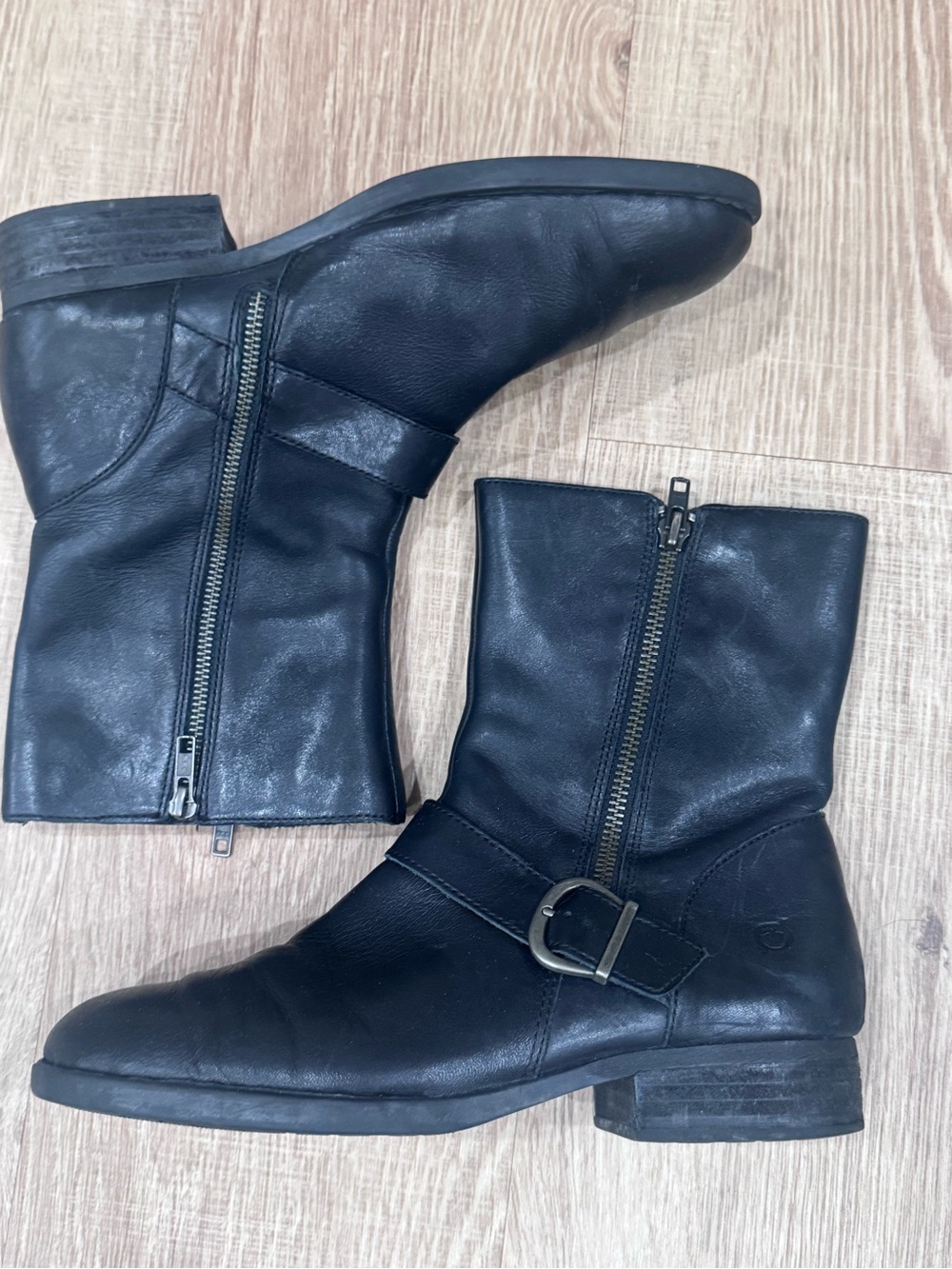 Børn Black Leather Ankle Boots Buckle Zip Size 10